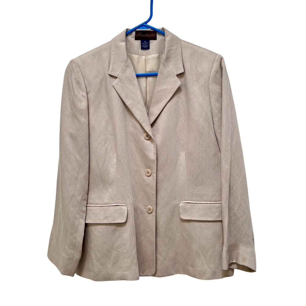 Benchley Ltd Tan Herringbone Linen Rayon Blazer Jacket Womens 14 Petite USA Made